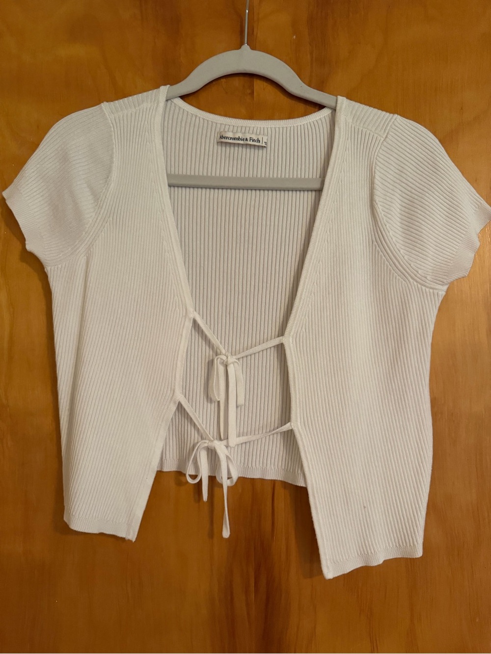 Abercrombie & Fitch Cream Ribbed Tie-Front Short Sleeve Top